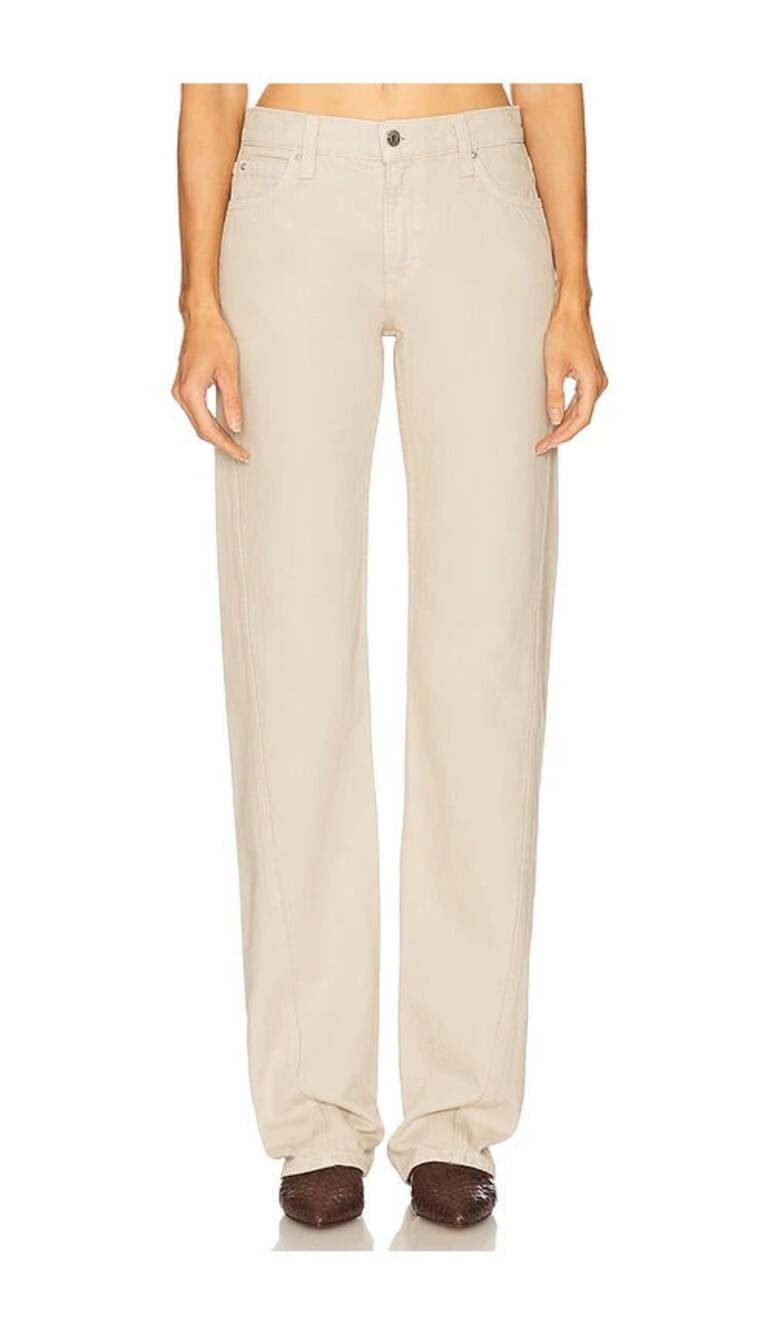 GRLFRND Beige Graham Low Rise Straight Leg Twisted Seam Jeans Sandstone Cream 27